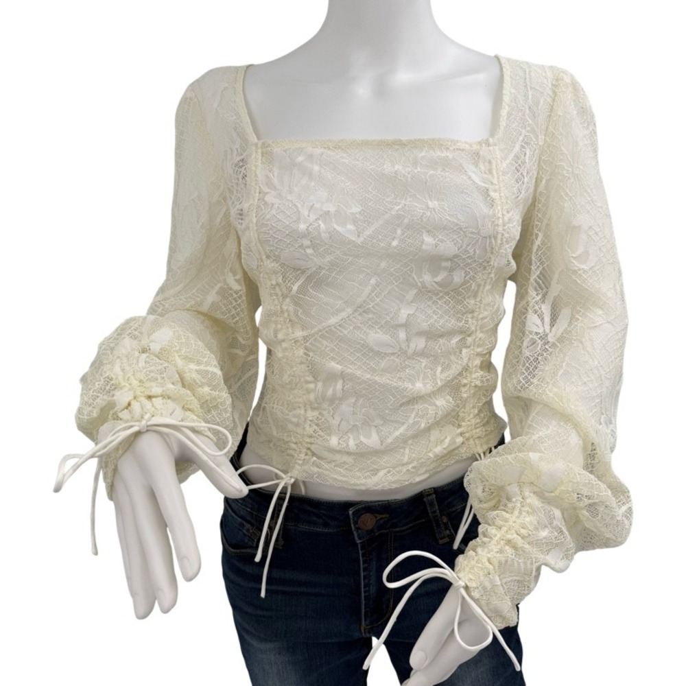 GUESS‎ NEW Large Lace Top Cream Ruched Square Neck Long Sleeve Coquette Romantic